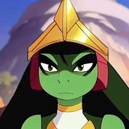 a lizard with big green eyes and long dark hair and wearing a helmet on their head near a huge volcano, dwspop style